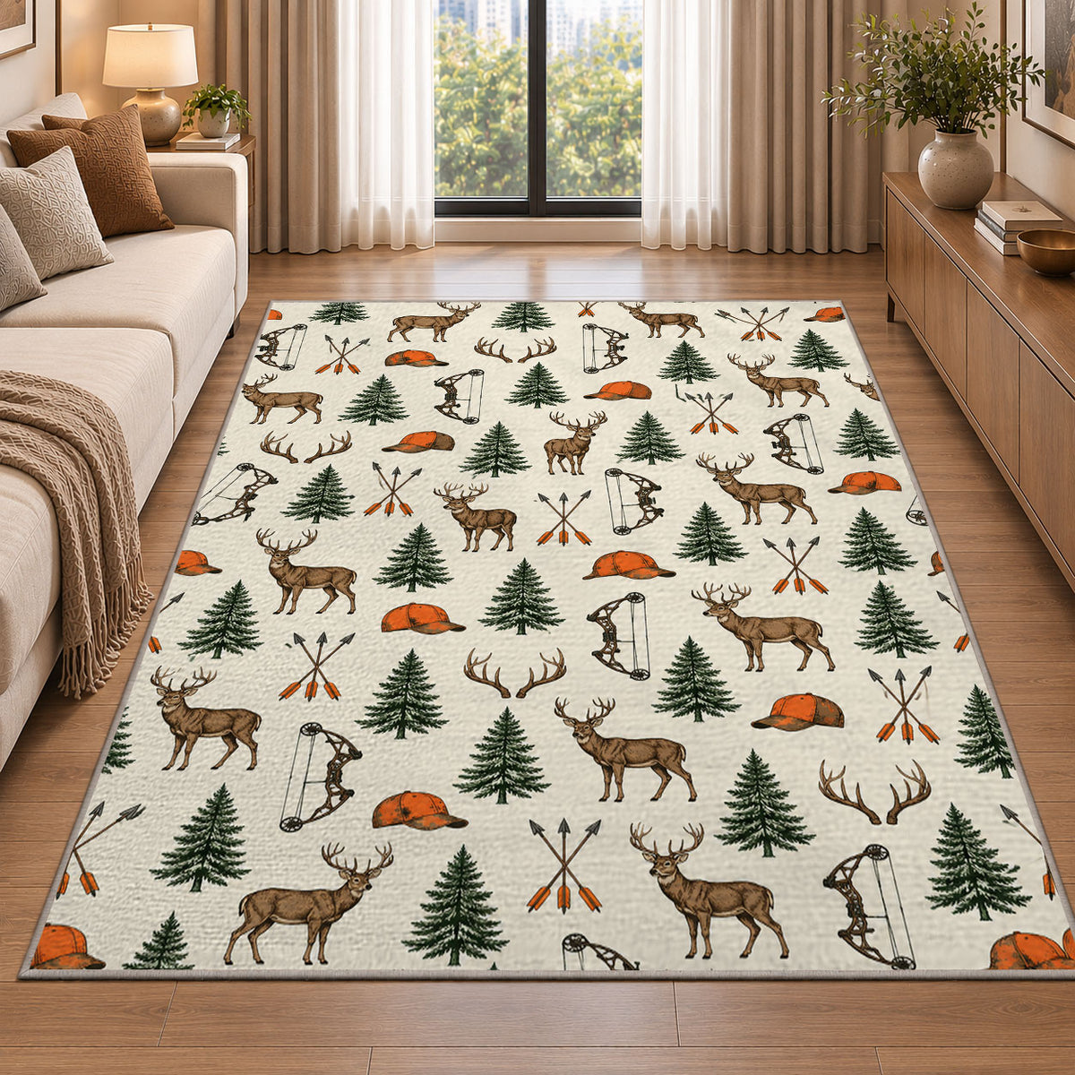 Hunting Icons Pattern rug in a bright living room with a sofa