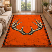 Blaze Orange Antlers rug in a bedroom with an arched window