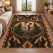 Bowhunting Emblem rug in a bright living room with a sofa