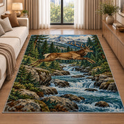 Leaping Deer Stream rug in a bright living room with a sofa