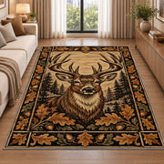 Woodcut Stag rug in a bright living room with a sofa