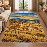 Deer Herd Meadow rug in a bright living room with a sofa