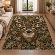 Woodland Camo Buck rug in a bright living room with a sofa