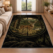 Hunting Scope Buck rug in a bright living room with a sofa