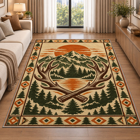 Mountain Lodge Emblem rug in a bright living room with a sofa