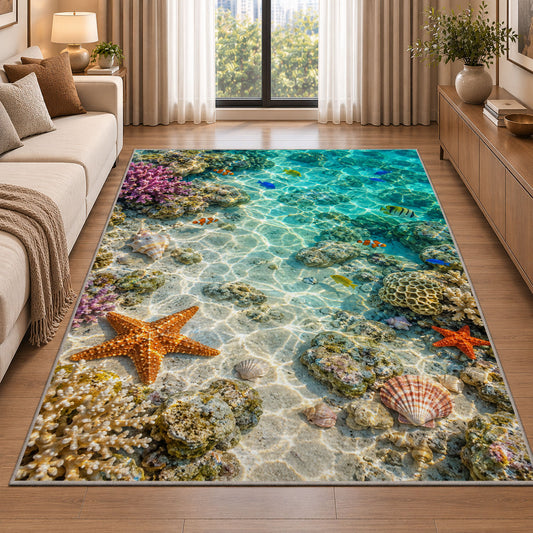 Turquoise Coral Reef Rug, Starfish Ocean Area Carpet for Coastal Bedroom and Kids Room Decor - image 2