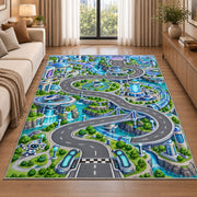 Winding Green City Roads Rug, Blue River Town Area Carpet for Kids Bedroom and Playroom Decor - image 2