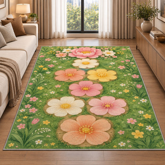 Pastel Flower Garden Rug, Pink Daisy Green Area Carpet for Kids Bedroom and Spring Room Decor - image 2