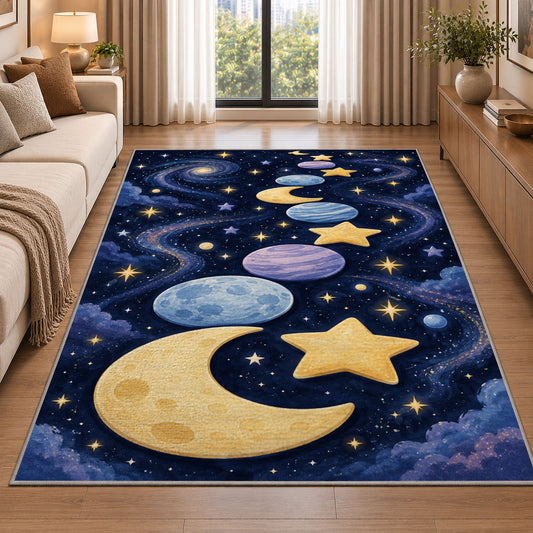 Golden Moon and Planets Rug, Navy Starry Space Area Carpet for Kids Bedroom and Nursery Decor - image 2