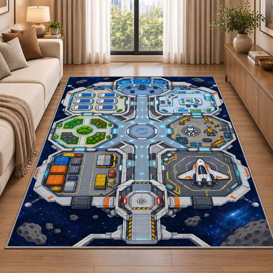 Space Station Road Map Rug, Blue Futuristic City Area Carpet for Kids Bedroom and Playroom Decor - image 2