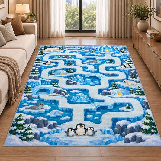 Ice Blue Winding Road Rug, Snowy Town Map Area Carpet for Kids Bedroom and Playroom Decor - image 2