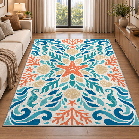 Turquoise Floral Scroll Rug, Coral Botanical Area Carpet for Bedroom and Decorative Living Room - image 2