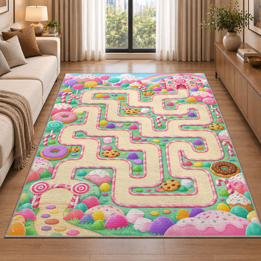 Pastel garden road maze rug, room view 2