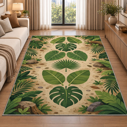 Cream Tropical Leaf Mandala Rug, room view 2