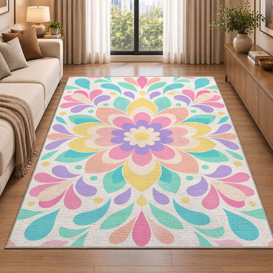 Pink Mint Flower Mandala Rug, room view 2