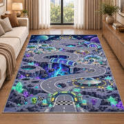 Purple Futuristic City Road Rug, room view 2
