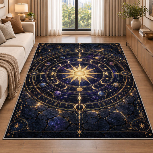 Golden Celestial Circle Rug, room view 2