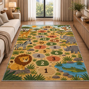 Safari animal hopscotch rug with lions, elephants and numbered stepping circles, styled in a warm furnished interior