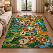 Green dinosaur hopscotch rug with prehistoric plants and numbered footprints, styled in a warm furnished interior