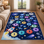 Navy galaxy hopscotch rug with colorful numbered planets, a rocket and astronaut, styled in a warm furnished interior