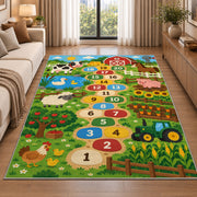 Green farm animal hopscotch rug with numbered circles, barn, tractor and fields, styled in a warm furnished interior