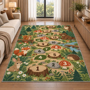 Woodland animal hopscotch rug with earthy numbered circles and green forest foliage, styled in a warm furnished interior