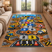 Construction truck hopscotch rug with numbered road tiles, diggers and traffic signs, styled in a warm furnished interior