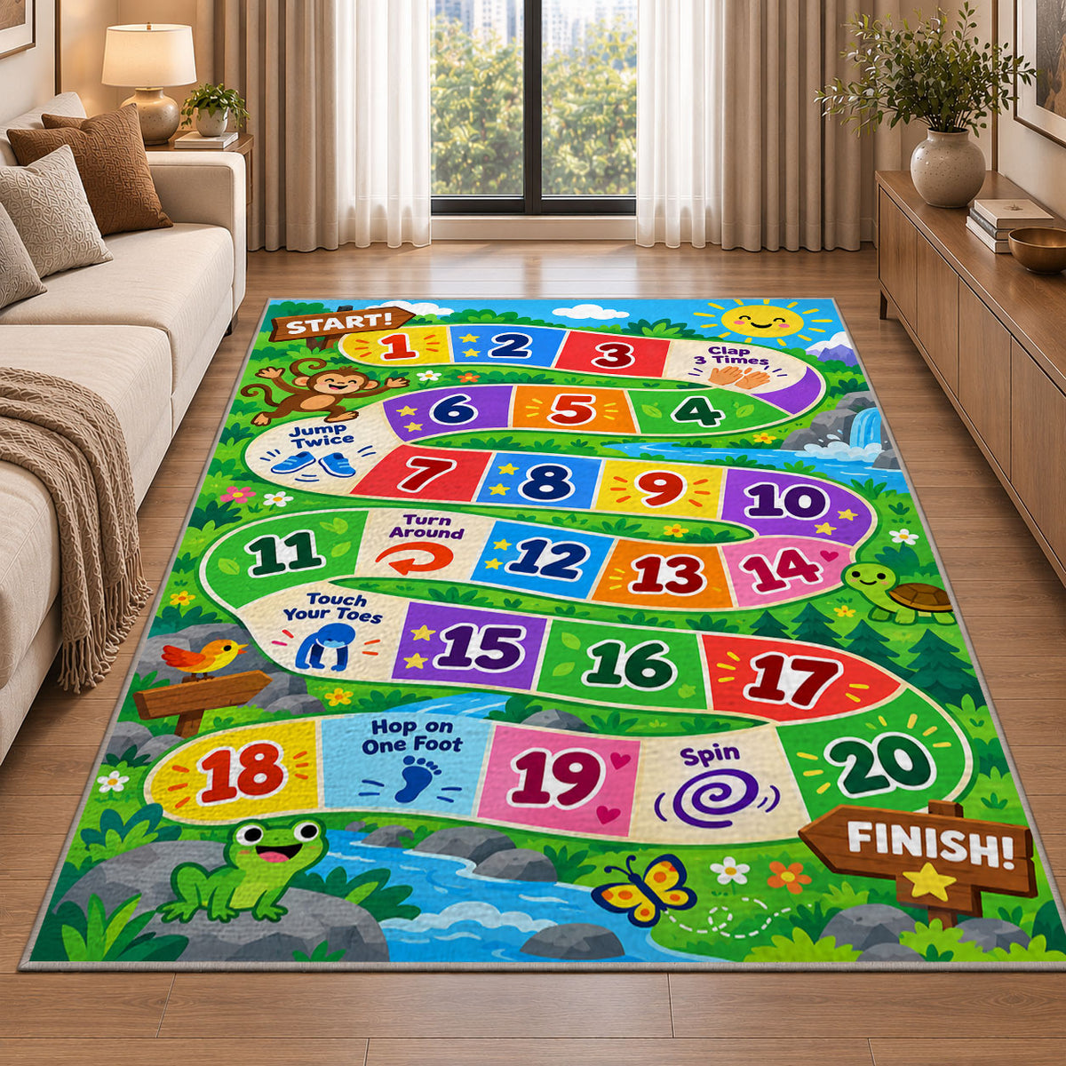 Rainbow adventure game rug with numbered colorful path tiles and activity prompts, styled in a warm furnished interior