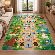 Green animal footprint hopscotch rug with colorful numbers, flowers and friendly animals, styled in a warm furnished interior