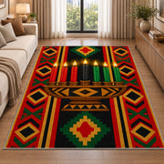 Kwanzaa Kinara Rug in a bright living room with a sofa