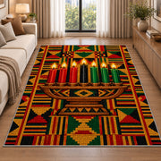 Kente Pattern Kwanzaa Rug in a bright living room with a sofa