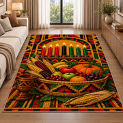 Kwanzaa Harvest Basket Rug in a bright living room with a sofa