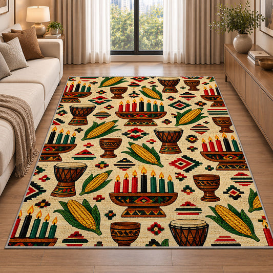 Kwanzaa Pattern Rug in a bright living room with a sofa