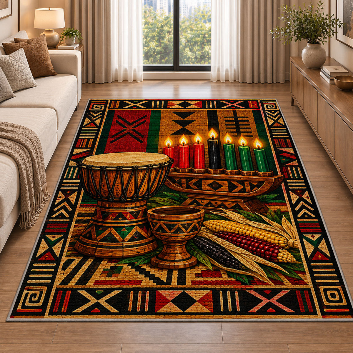 Djembe Drum Kwanzaa Rug in a bright living room with a sofa