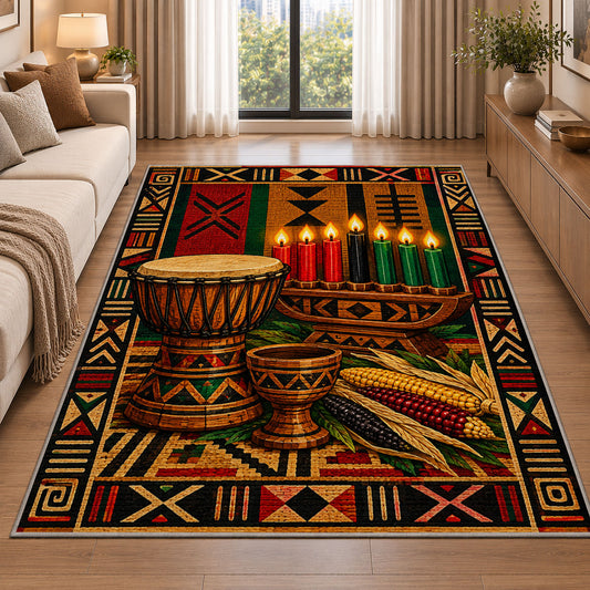 Djembe Drum Kwanzaa Rug in a bright living room with a sofa