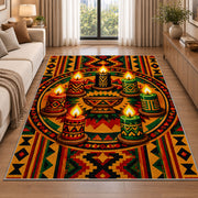 Seven Candles Kwanzaa Rug in a bright living room with a sofa