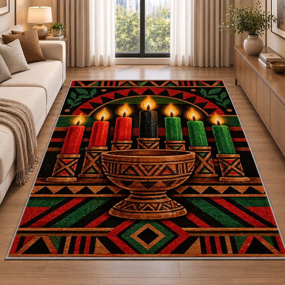Kwanzaa Unity Cup Rug in a bright living room with a sofa