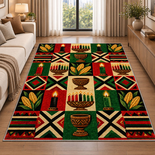Kwanzaa Checkered Rug in a bright living room with a sofa