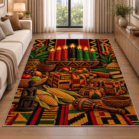 Kwanzaa Gifts Rug in a bright living room with a sofa