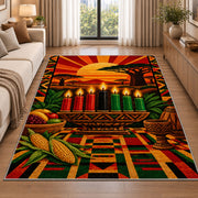 African Sunset Kwanzaa Rug in a bright living room with a sofa