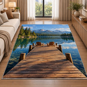 Lake dock with Adirondack chairs rug in a bright living room with a sofa