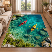 Kayaks on turquoise lake rug in a bright living room with a sofa