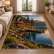 Lakeside log cabin at sunset rug in a bright living room with a sofa