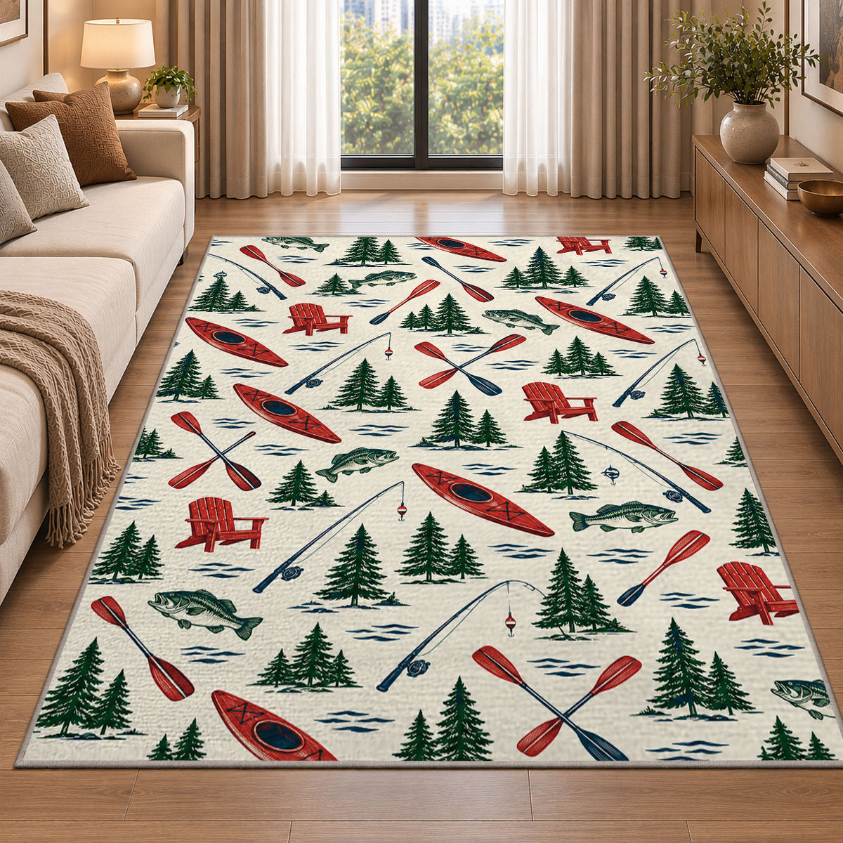 Lake life pattern rug in a bright living room with a sofa
