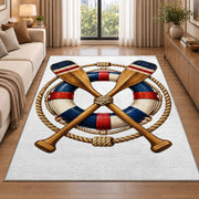 Crossed oars and life ring rug in a bright living room with a sofa