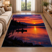 Lake sunset fishing rug in a bright living room with a sofa