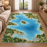 Illustrated lake map rug in a bright living room with a sofa