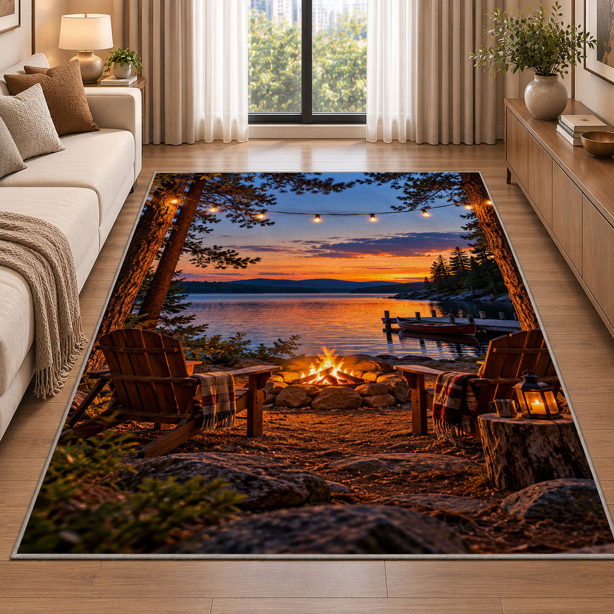 Lakeside campfire with chairs rug in a bright living room with a sofa