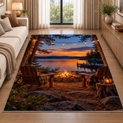 Lakeside campfire with chairs rug in a bright living room with a sofa