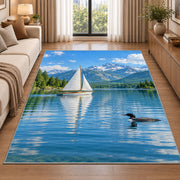 Sailboat and loon on lake rug in a bright living room with a sofa